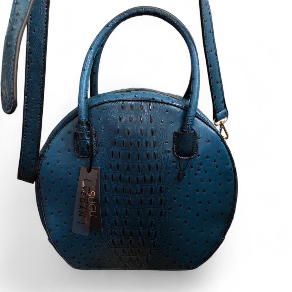 NEW Sugu Blue oval circle vegan ostrich leather hand crossbody bag purse blue
